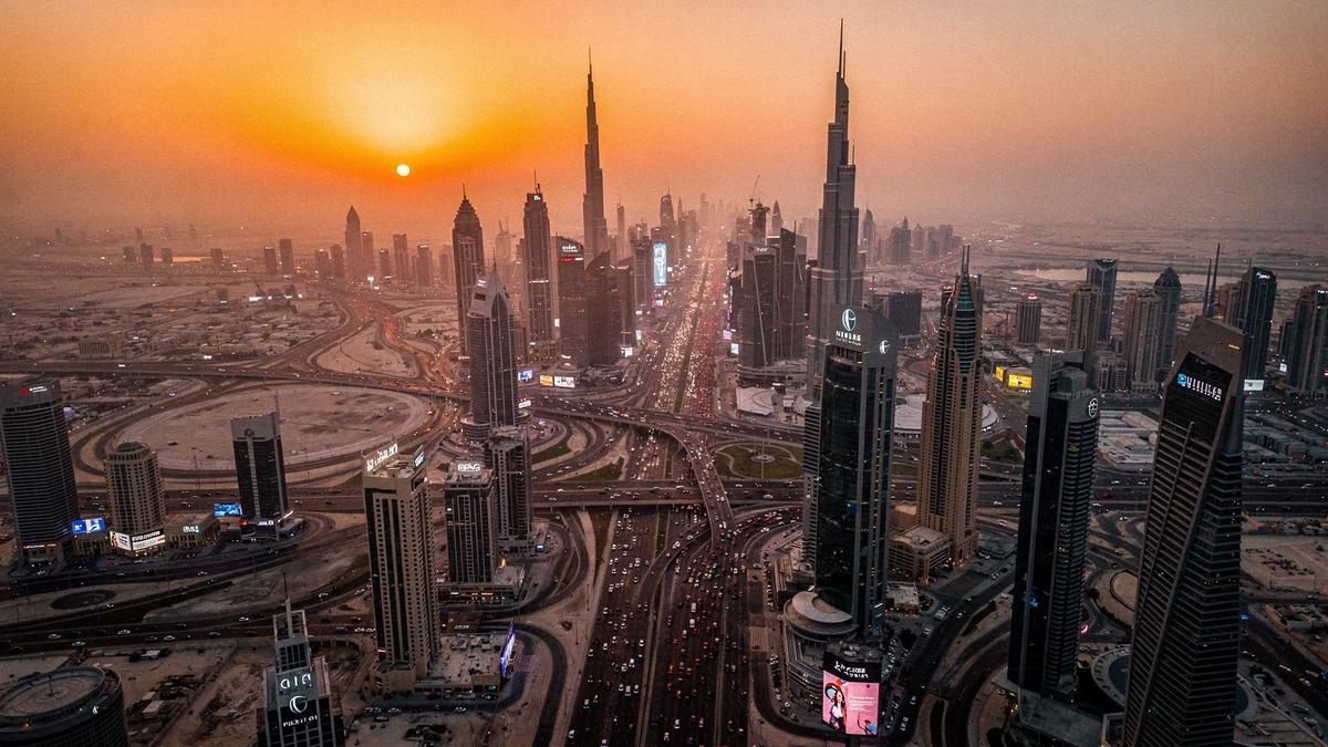 Dubai skyline at dusk viewed from high above the city